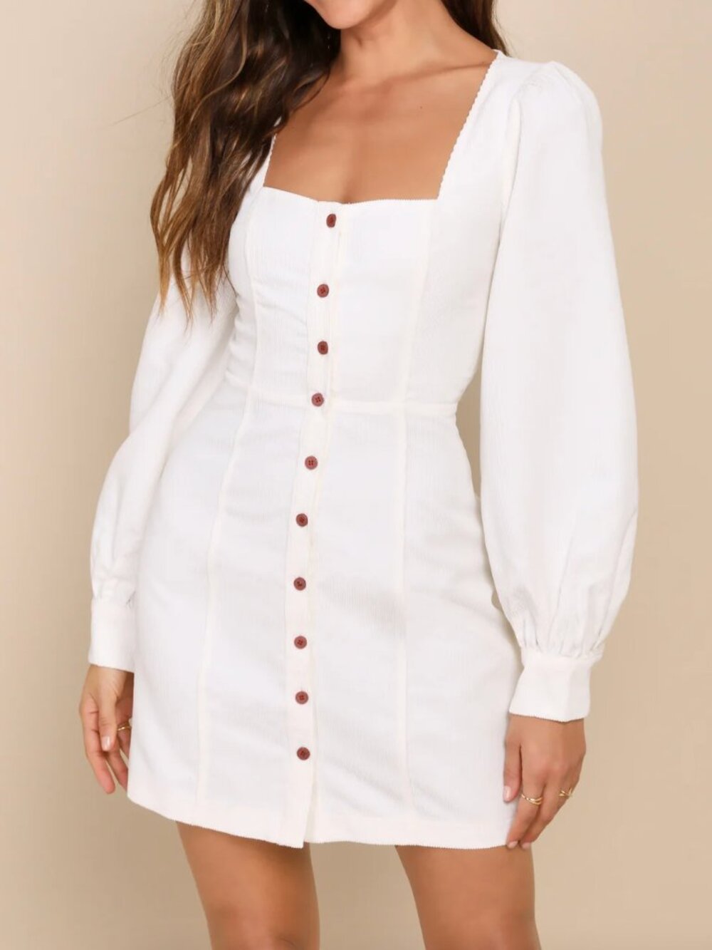 Lulu's Posh Promise Ivory Corduroy Long Sleeve Button-Up Mini Dress